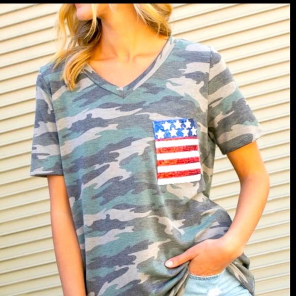Camouflage short sleeve V-neck t-shirt with patriotic sequence flag on pocket.